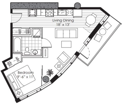 Floor plan for 1 bed, 1 bath, 572 sqft